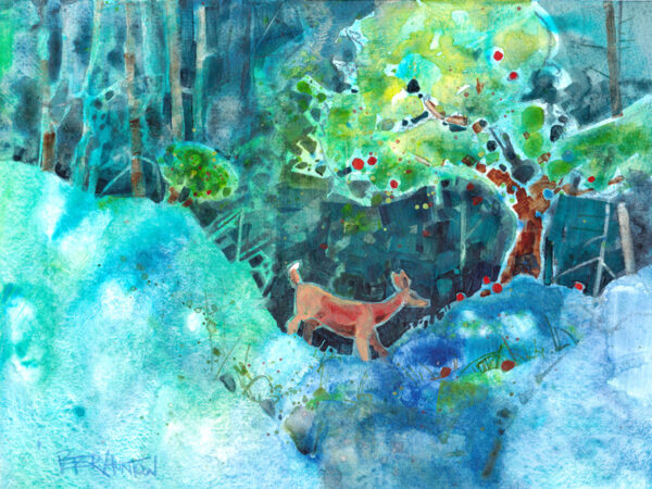 painting of deer eating wild apples by peter huntoon
